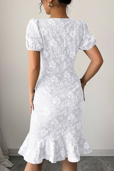 Floral Pattern Round Neck Puff Sleeve Fitted Midi Dress