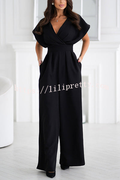 Solid Color V-neck Waist Casual Wide-leg Jumpsuit