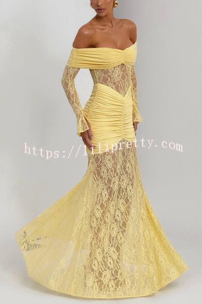 Solid Color Patchwork Lace Off-shoulder Long-sleeved Pleated Slim-fit Maxi Dress