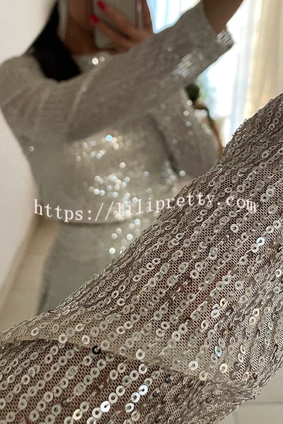 Fashionable Shiny Sequined Long-Sleeved Cropped Top and Casual Wide-Leg Pants Set