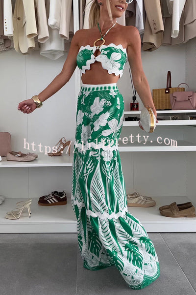 Cassie Ric Rac Trims Unique Print Halter Ring Tank and High Rise Wide Leg Pants Set