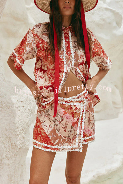 Floral Print Collared Short-sleeved Loose-fitting Shirt and Casual Floral Trim Mini Skirt Set