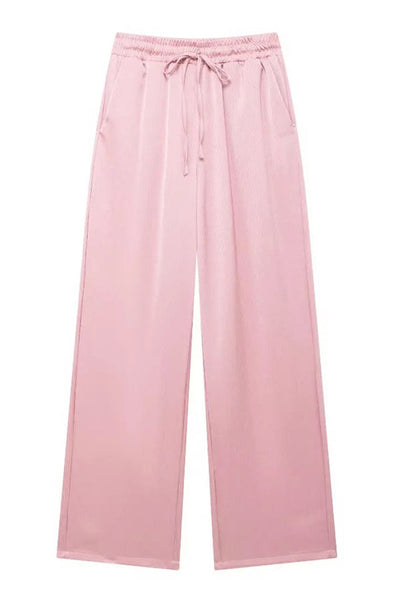Fashionable Pleated Elastic Waist Tie Casual Pocket Wide-leg Pants