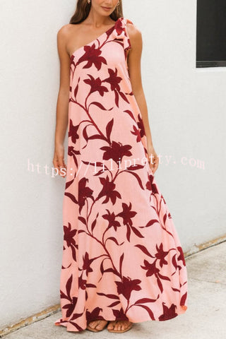 Botanical Print Sleeveless One-shoulder Tie-up Casual Vacation Maxi Dress