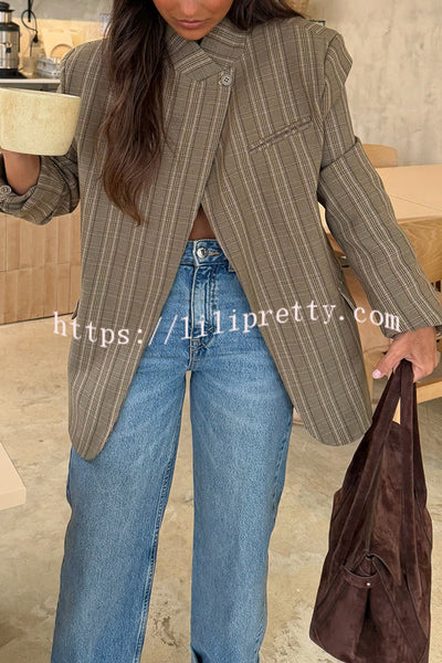 Timelessly Yours Stand Neck Single Button Long Sleeve Pocket Loose Blazer