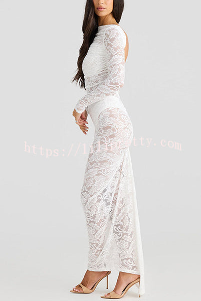 Timeless Lace High Gathered Neck Long Sleeve Backless Ruched Stretch Maxi Dress