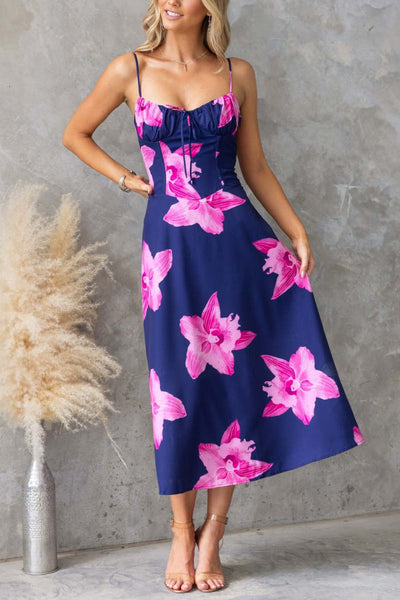 Floral Print Spaghetti Strap Backless Tie-up Elegant Slim-fit Midi Dress