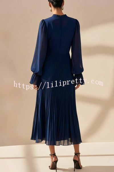 Solid Color Round Neck Long Sleeve Fitted Waist Pleated Ruffle Midi Dress