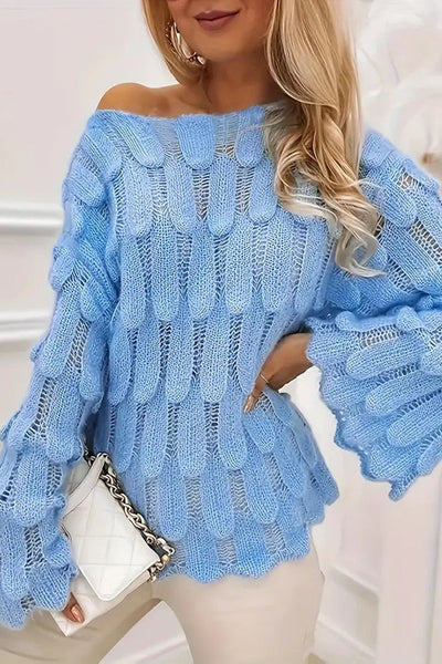 Elegant Feather Hollow Loose Bell Sleeve Knitted Sweater