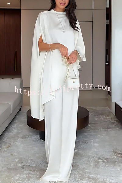 Iris Satin High Neck Cape Sleeve Irregular Hem Top and Elastic Waist Wide-Leg Pants Set