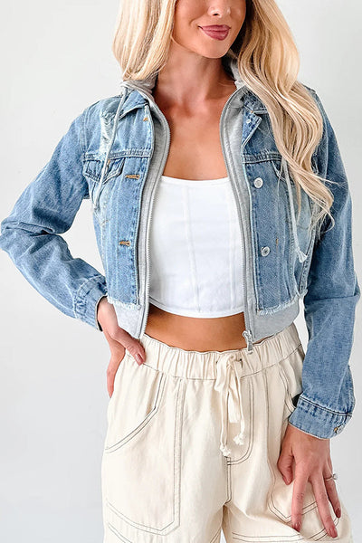 Fashionable Patchwork Hooded Casual Long-sleeved Denim Jacket