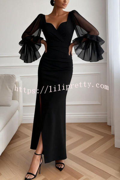 Solid Color V-neck Flared Long Sleeve Elegant High Slit Maxi Dress