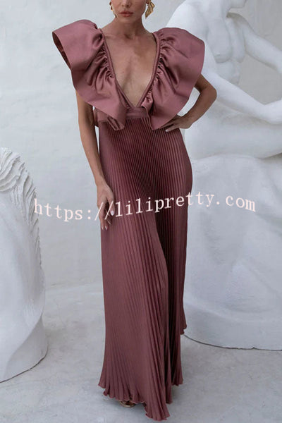 Merry and Bright Satin Deep V-neck Dramatic Ruffled Sleeve Pleated Maxi Dress
