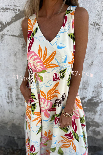 Botanical Print V-Neck Pocket Loose Casual Maxi Dress