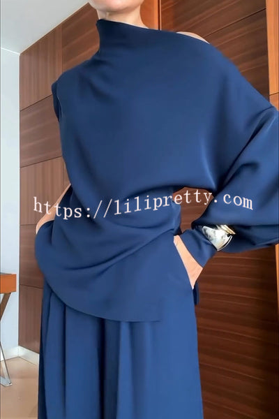 Cleo One Shoulder Irregular Balloon Sleeve Top and High Rise Pleated Button Waist Pocket Loose Pants Set