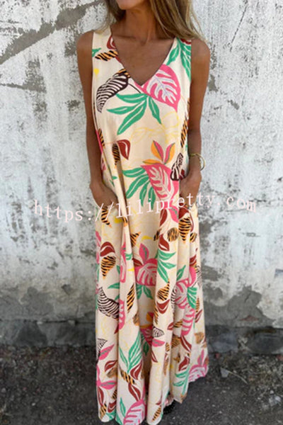 Botanical Print V-Neck Pocket Loose Casual Maxi Dress