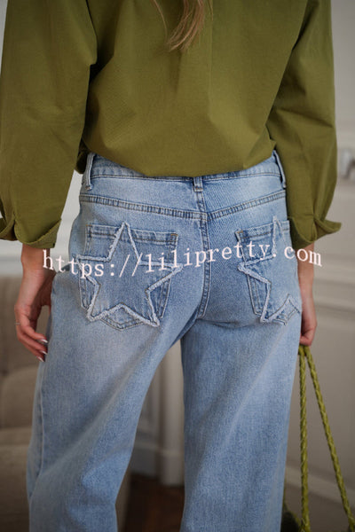 Stylish Denim Colorblock Star Patterned Mid Waist Pocket Wide Leg Jeans