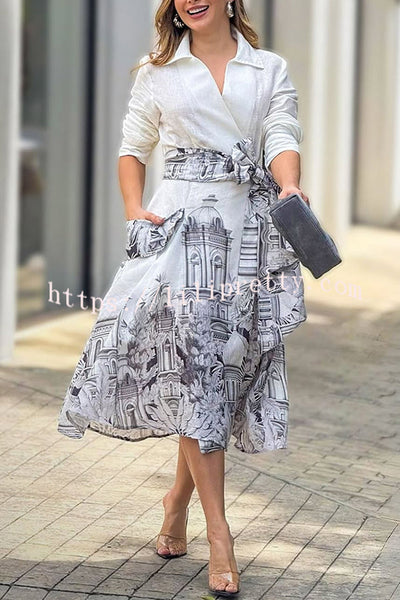 Jiles Linen Blend Unique Contrast Print Long Sleeve Tie-up Pocket Shirt Midi Dress
