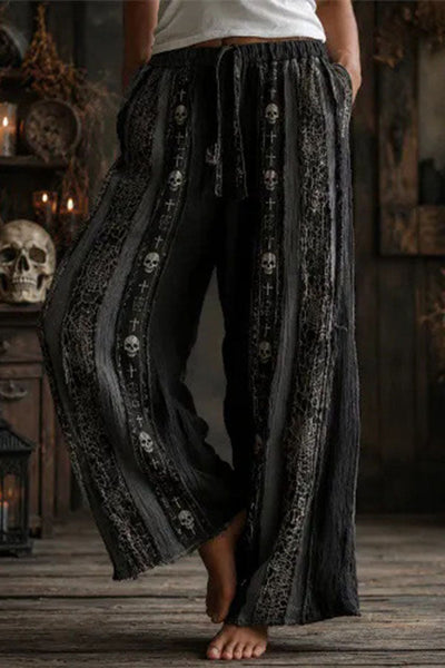 Halloween Dark-themed Printed Wide-Leg Pants