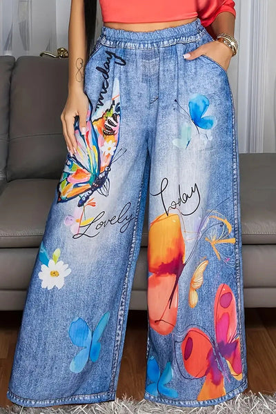 Butterfly Print Casual Elastic Waist Pocket Faux Denim Straight-Leg Pants