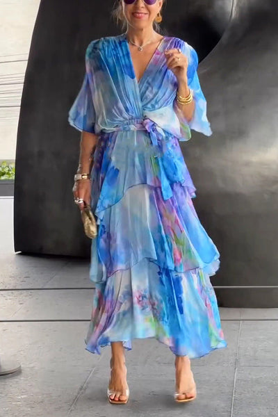 Stylish Tie-dye V-neck Tie-waist Layered Maxi Dress