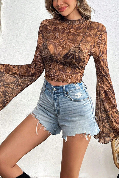Unique Printed Mesh Trumpet Sleeve Slim Fit Top