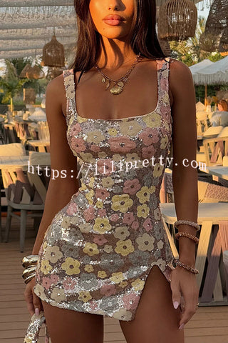 Sequined Flower Sexy Square Neck Slim Fit Mini Dress