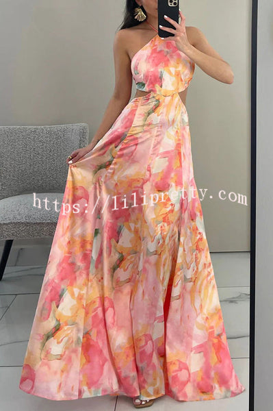 Korina Render Print Cutout Waist Halter Backless Maxi Dress