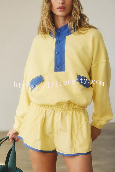 Fashion Contrast Color Stitching Stand Collar Long Sleeve Top and Elastic Waist Loose Pocket Shorts Set