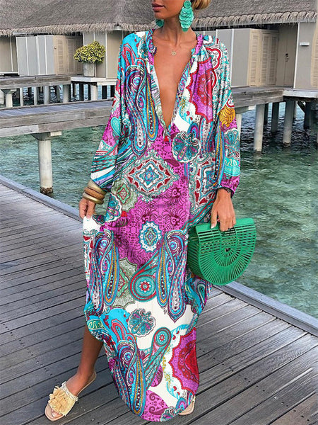 Fashion Painting Print V-neck Colorful Single-row Multi-button Button Loose Long-sleeved Long Oversized Hem Dress Dress Women