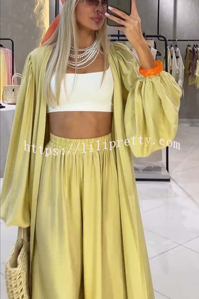 Beach Cottage Open Front Long Pleated Lantern Sleeve Long Cover-up Jacket