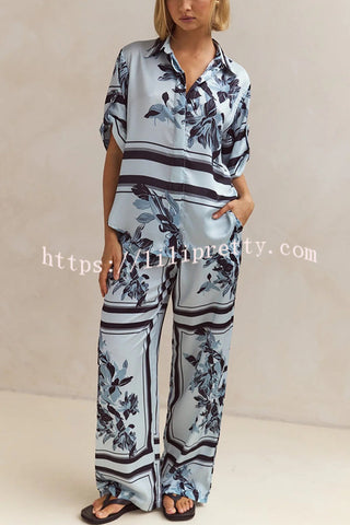 Fashionable Plant Print Loose Lapel Short Sleeve Shirt and Casual Elastic Waist Pocket Pants Set