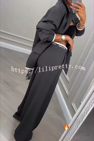 Fashion Sports Style Ribbed Colorblock Lapel Blazer and Elastic Waist Pocket Loose Pants Set