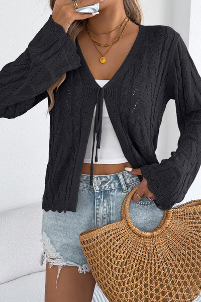 Solid Color Loose V-neck Long-sleeved Vacation Knit Cardigan