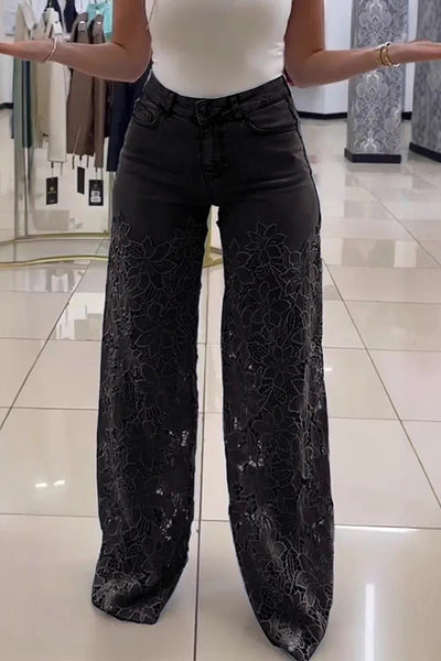 Fashion Hollow Lace Stitching Casual Pocket Denim Wide-leg Pants