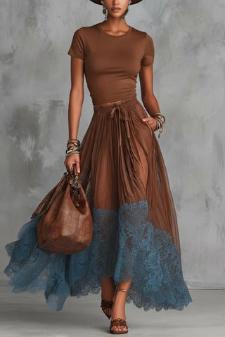 Stylish Round Neck Short-sleeved Fitted Top and Elastic Waist Pockets Lace Hem Maxi Skirt Set