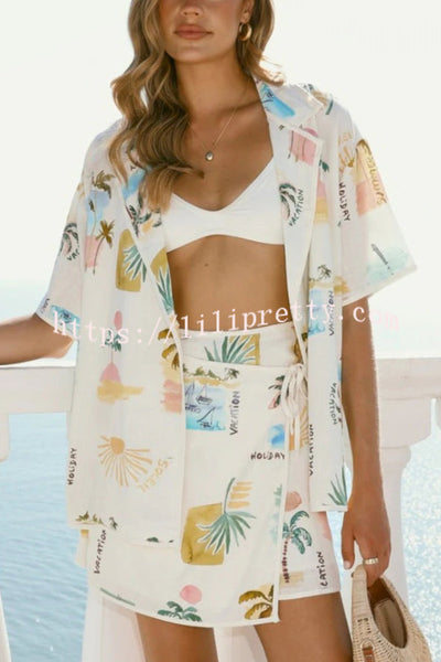 Resort-print Loose-fitting Lapel Short-sleeved Shirt and Casual Tie Mini Skirt Set