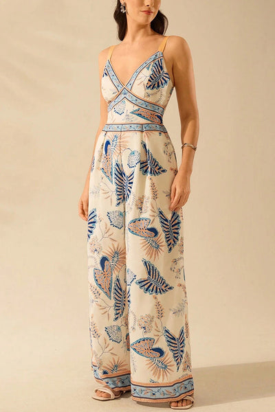 Bohemian Style Plant Print Casual Sling Holiday Loose Jumpsuit
