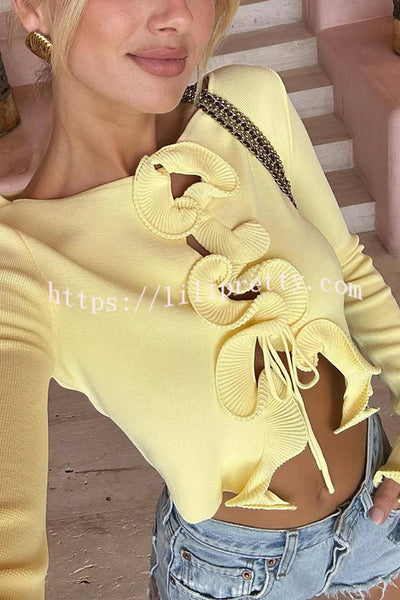 Fashion Ruffled Long-sleeved Tie-cropped Knitted Cardigan