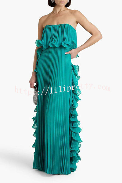 Reina Chiffon Pleated Wavy Ruffles Trim Strapless Loose Maxi Dress