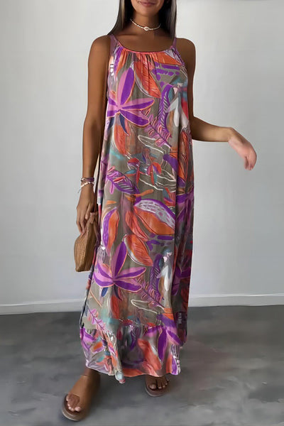 Unique Botanical Print Casual Loose Strappy Maxi Dress