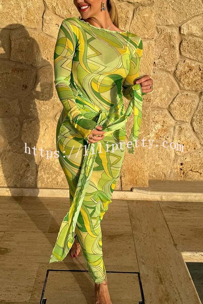 Nessie Mesh Unique Print Tie-up Waist Long Sleeve Stretch See-Through Maxi Dress