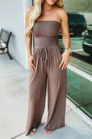 Solid Color Sleeveless Off-shoulder Pleated Loose Pocket Casual Wide-leg Jumpsuit