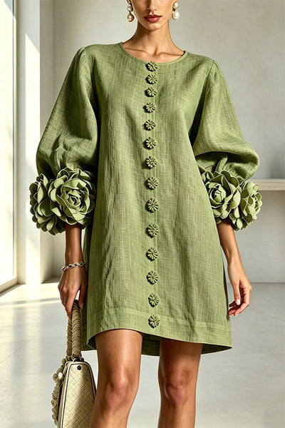 Rima Linen Blend Flowers Button Down Floral Cuffs Half Sleeve Mini Dress