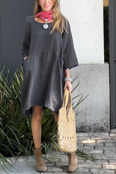 Linen Blend Solid Loose Casual Pocket Mini Dress