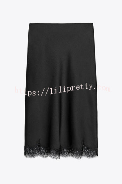 Dolly Satin Lace Trim Mid Rise Slit Drape Midi Skirt