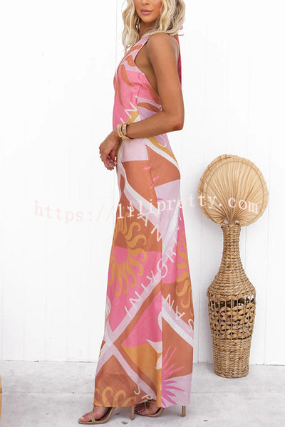 Best Vacation Linen Blend Unique Print Halter Maxi Dress