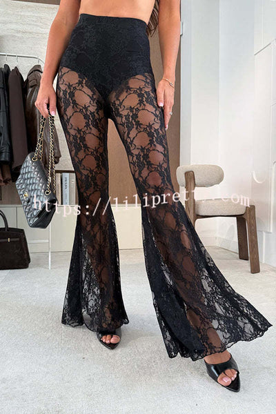 Chic Moment Floral Lace High Rise Elastic Waist Fishtail Hem Stretch Pants