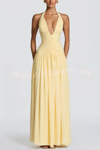 Amaris Halter Tie-up V-neck Ruched Detail Back Lace-up Slit Drape Maxi Dress