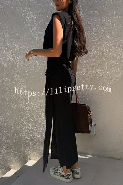 Comfortable Stylish Round Neck Sleeveless Casual Top and Elastic Waist Ruched Tie Slit Midi Skirt Set